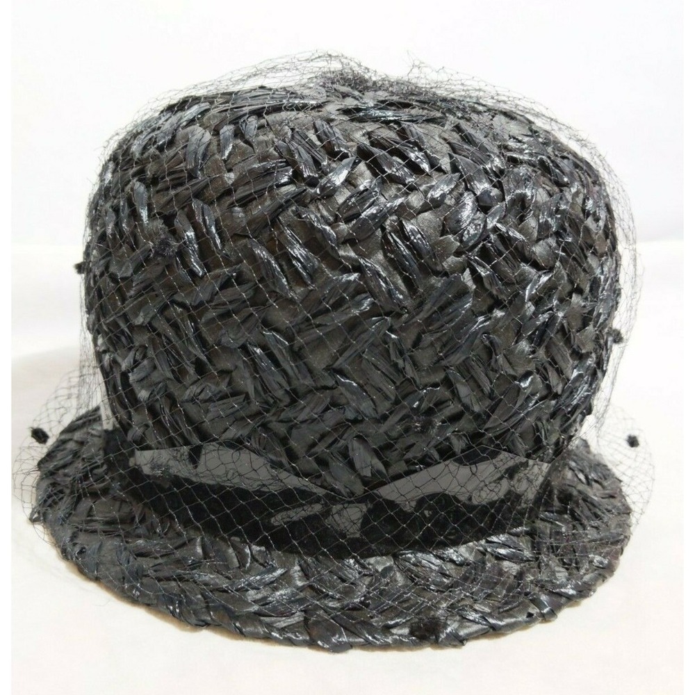 Vintage Women's Bucket Straw Hat Black with Netting Union Made in USA‎